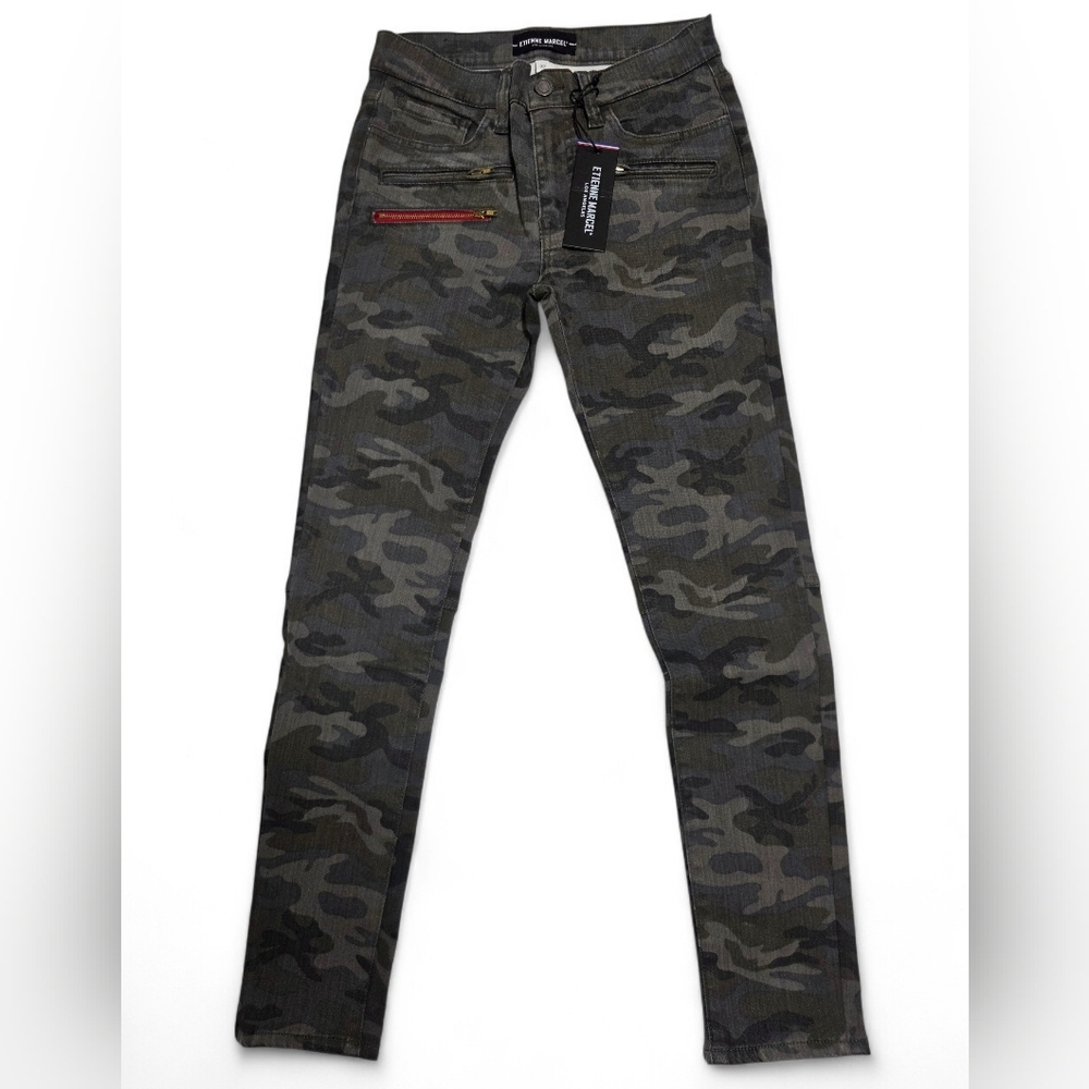 Etienne Marcel Grey Camo Skinny Jeans Size 27 NWT Zip Detail Stretch $228 Retail